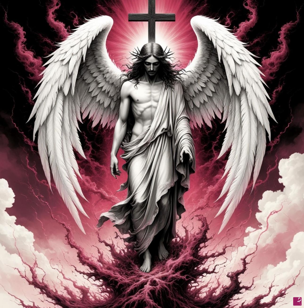 quadri in vendita online - Angel martyr, on bible cross 