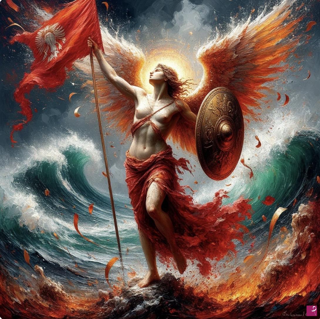 quadri in vendita online - Angel with flag and shield 