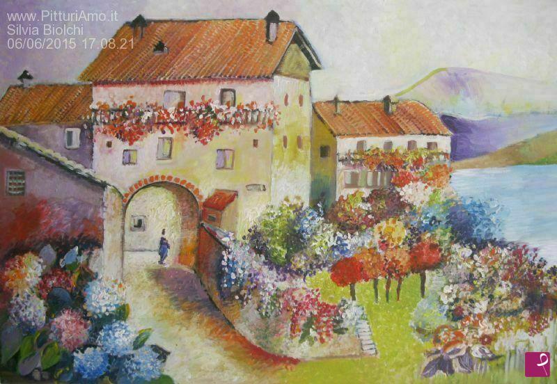 quadri in vendita online - Antico cortile sul lago
