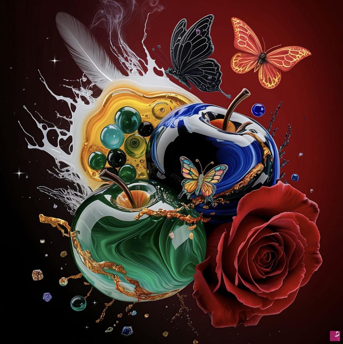 quadri in vendita online - Apples, rouse and butterflies 