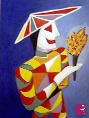quadri in vendita online - Arlecchino sorride al fuoco