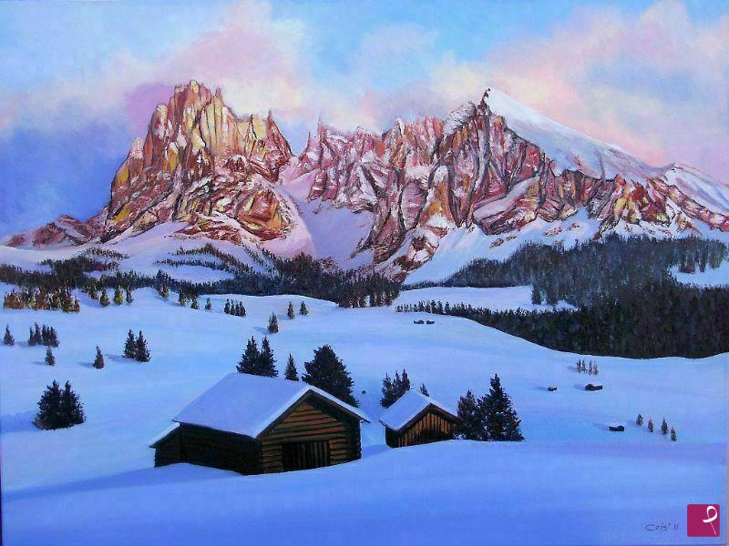 quadri in vendita online - Aspettando la notte sulla neve del Sassolungo