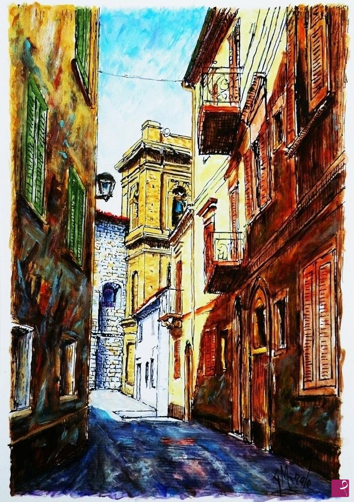 quadri in vendita online - ATESSA- CH - Via Menotti di Francesco e Campanile Chiesa Santa <Croce