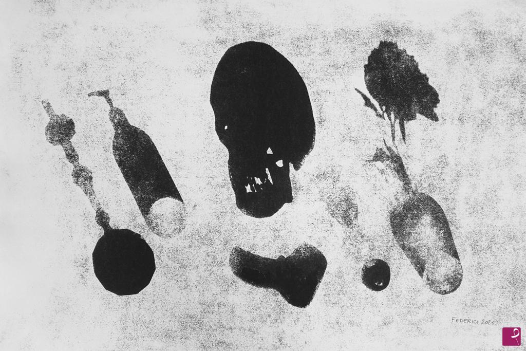 quadri in vendita online - Atomic Vanitas:  Natura Morta con Candeliere, Sanificante, Teschio, Termoscanner, Clessidra e Fiore di Peonia