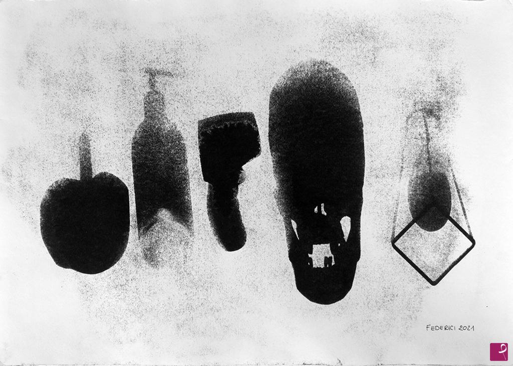 quadri in vendita online - Atomic Vanitas: Natura Morta con Portacandela, Sanificante, Termoscanner, Teschio e Clessidra