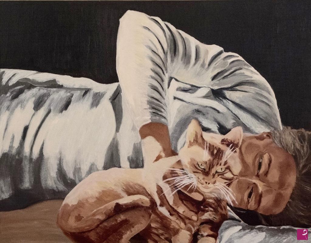 quadri in vendita online - AUTORITRATTO CON GATTO – SELF-PORTRAIT WITH CAT