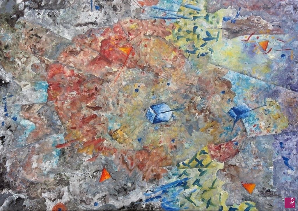 quadri in vendita online - Autumn Foilage with Red Triangles, Blue Icecubes & Yellow Movement – Abstractionimpressionix