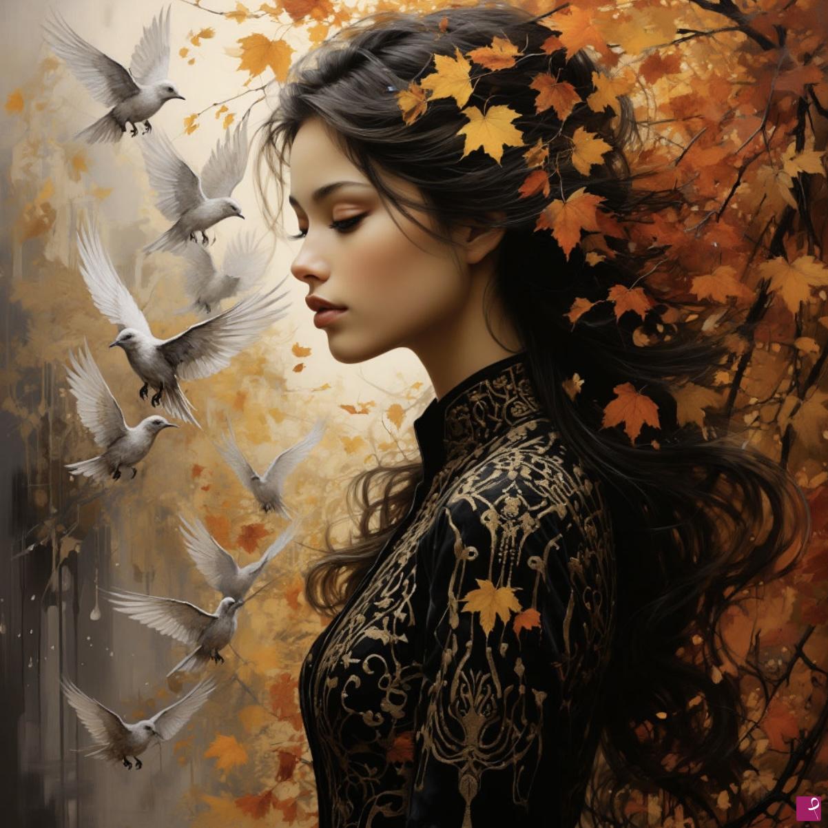 quadri in vendita online - Autumn, girl and birds 