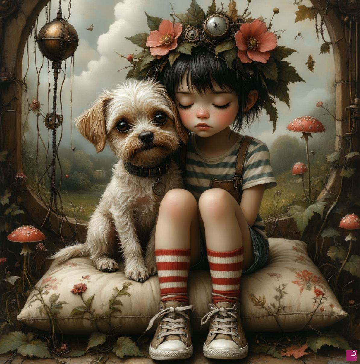 quadri in vendita online - Baby girl and dog