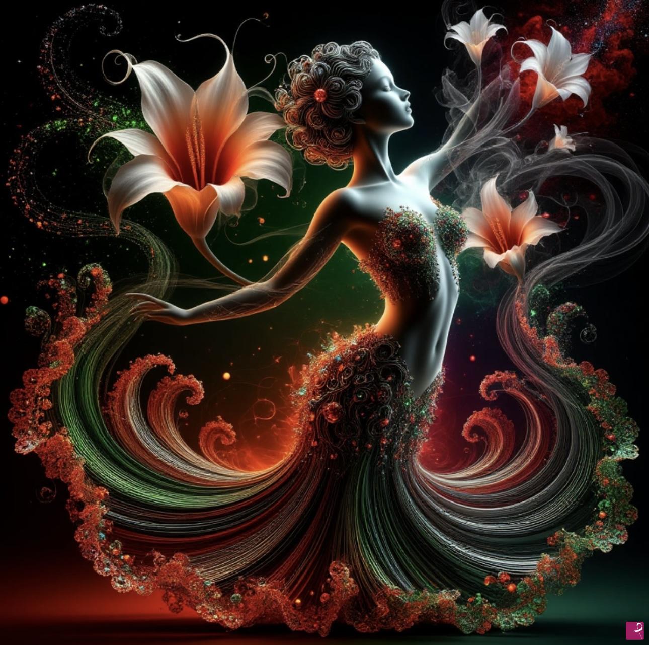 quadri in vendita online - Back lights and girl in dress, flowers 