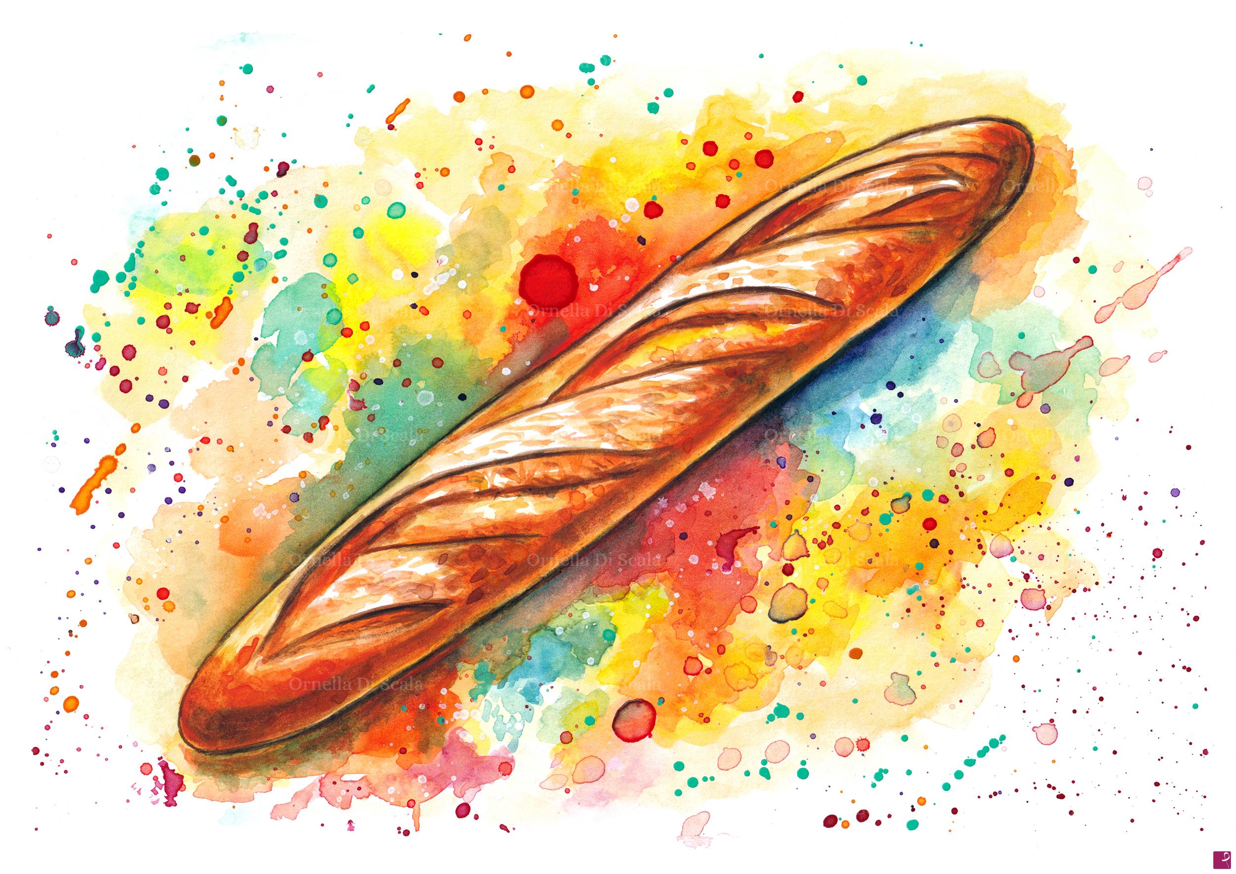 quadri in vendita online - Baguette pane francese acquerello