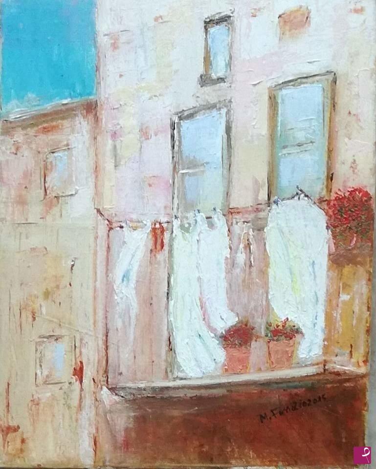 quadri in vendita online - Balcone diroccato con panni stesi