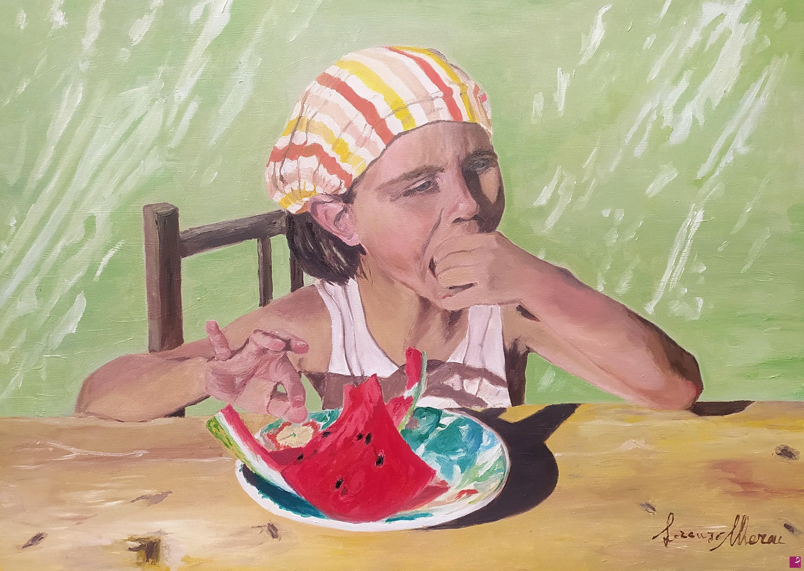 quadri in vendita online - Bambina che mangia l'anguria