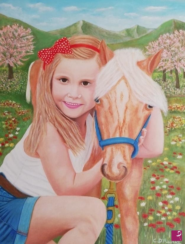 quadri in vendita online - Bambina con il suo pony a passeggio sul prato.