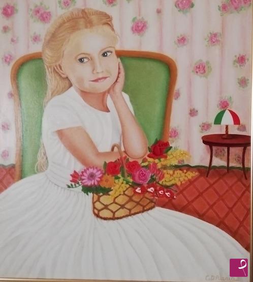 quadri in vendita online - Bambina seduta con il suo cestino di fiori