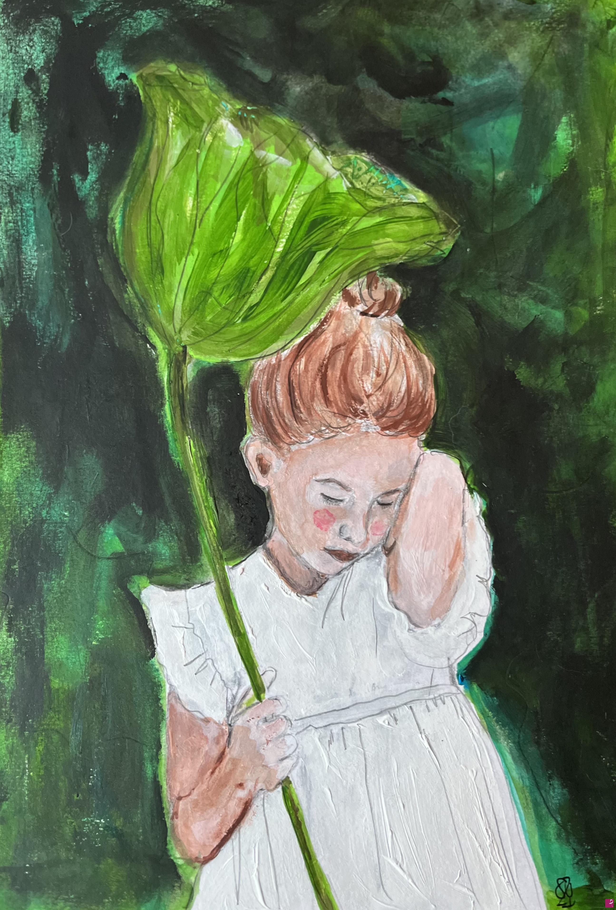 quadri in vendita online - Bambina vestita di bianco  in un giardino verde sogna