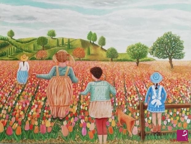 quadri in vendita online - Bambine in un campo di tulipani.
