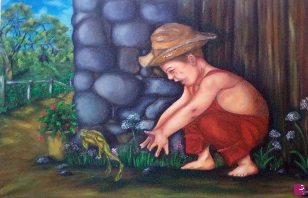 quadri in vendita online - Bambino che gioca con una rana/ Child playing with a frog