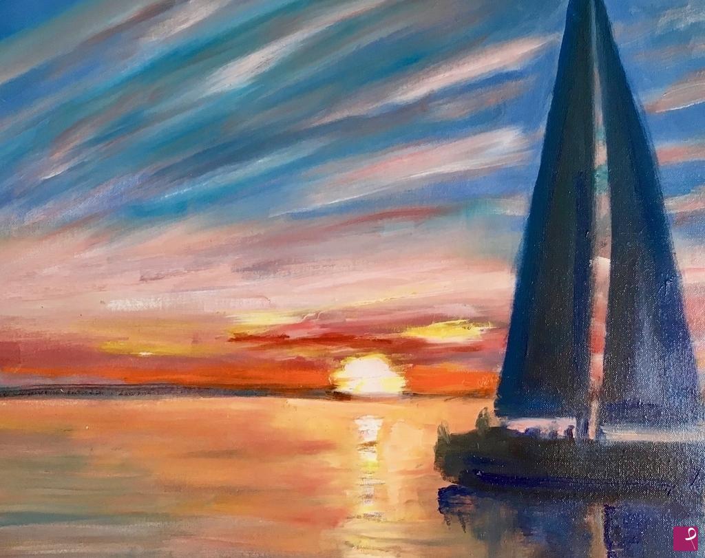 quadri in vendita online - Barca a vela al tramonto sul lago 