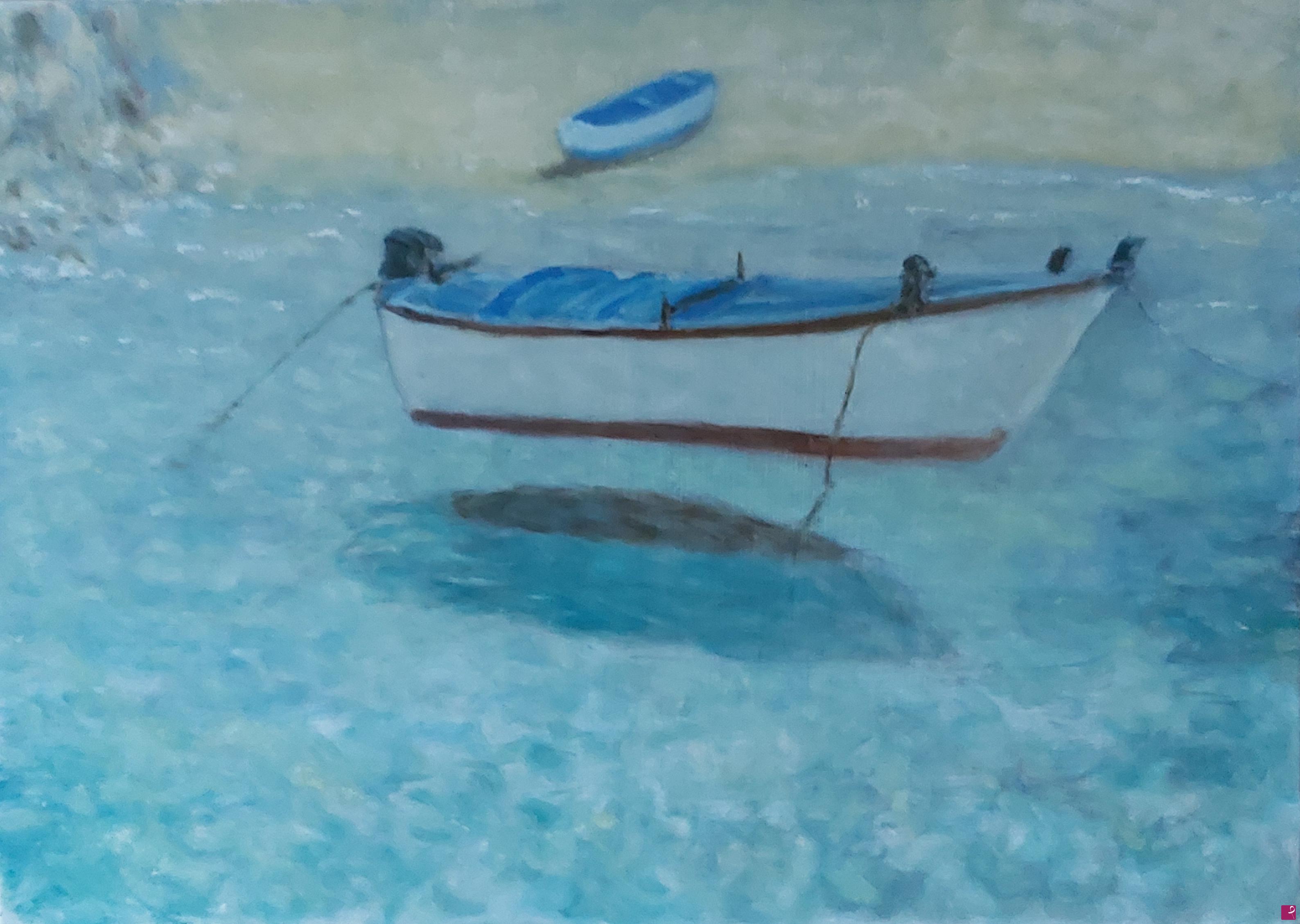 quadri in vendita online - Barca sospesa (nell'acqua, sull'acqua, sott'acqua...) - olio su tela 50x70 cm., anno 2022 - Luca Gualandris rif. LG-120-CL/OT50X70-O