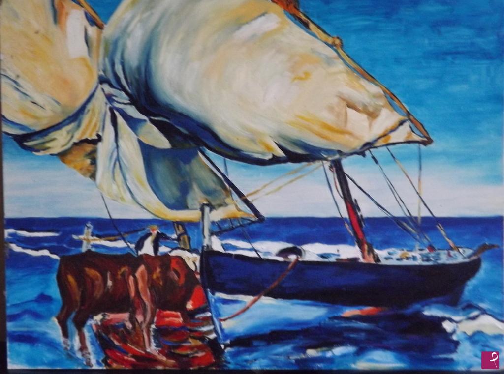 quadri in vendita online - Barco de pesca con sus velas inhiestas acecha al mar