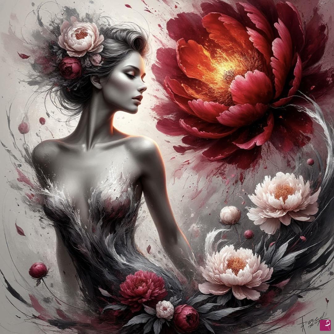 quadri in vendita online - Beautiful girl with red flowers 