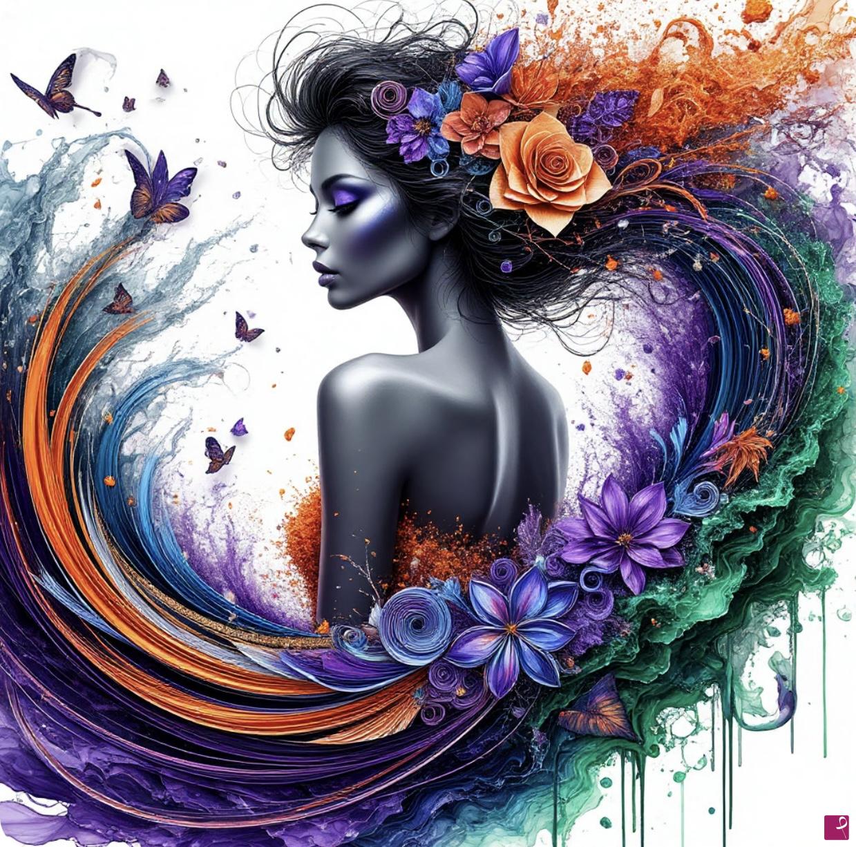 quadri in vendita online - Beautiful lady and flowers, butterflies 