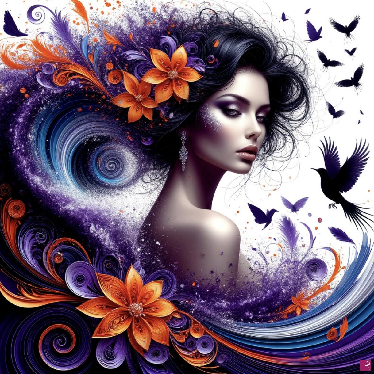 quadri in vendita online - Beautiful lady and meny birds
