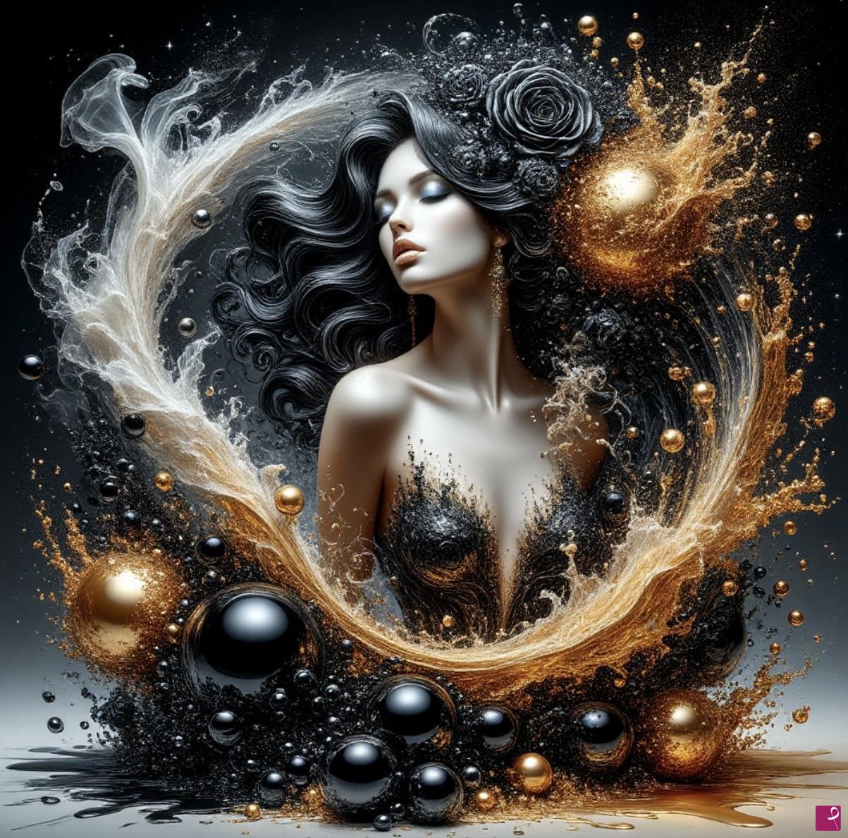 quadri in vendita online - Beautiful woman and black, gold pearls