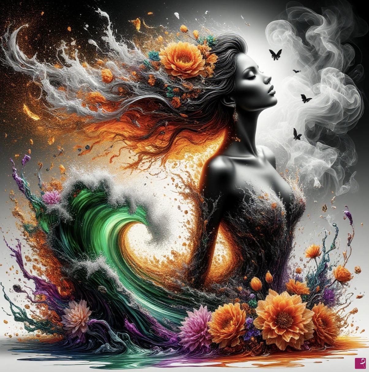 quadri in vendita online - Beautiful woman, flowers, sea waves 