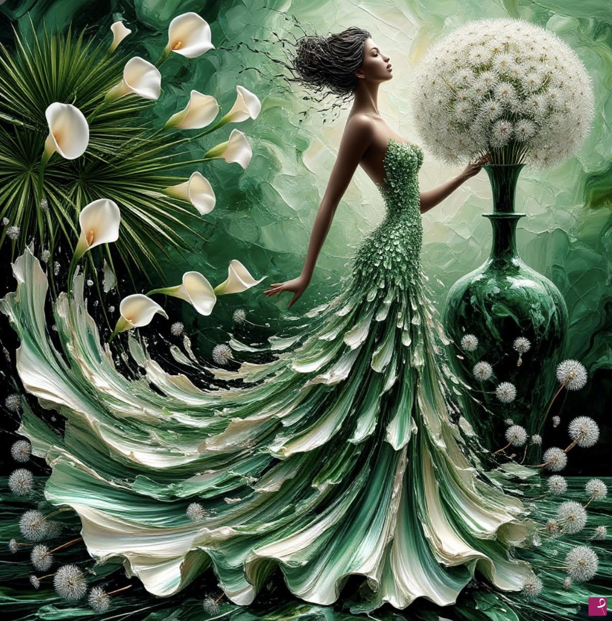 quadri in vendita online - Beautiful woman in dress and flowers 