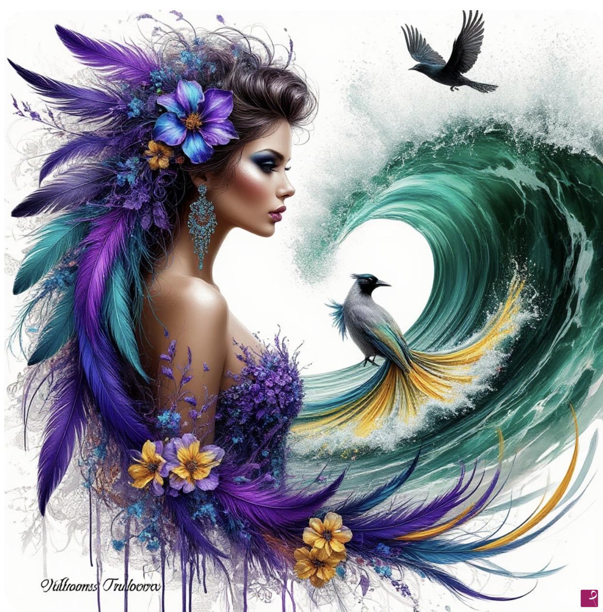 quadri in vendita online - Beautiful woman, sea waves, birds 