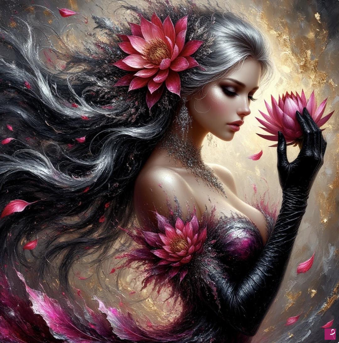 quadri in vendita online - Beautiful woman with flower in hand 