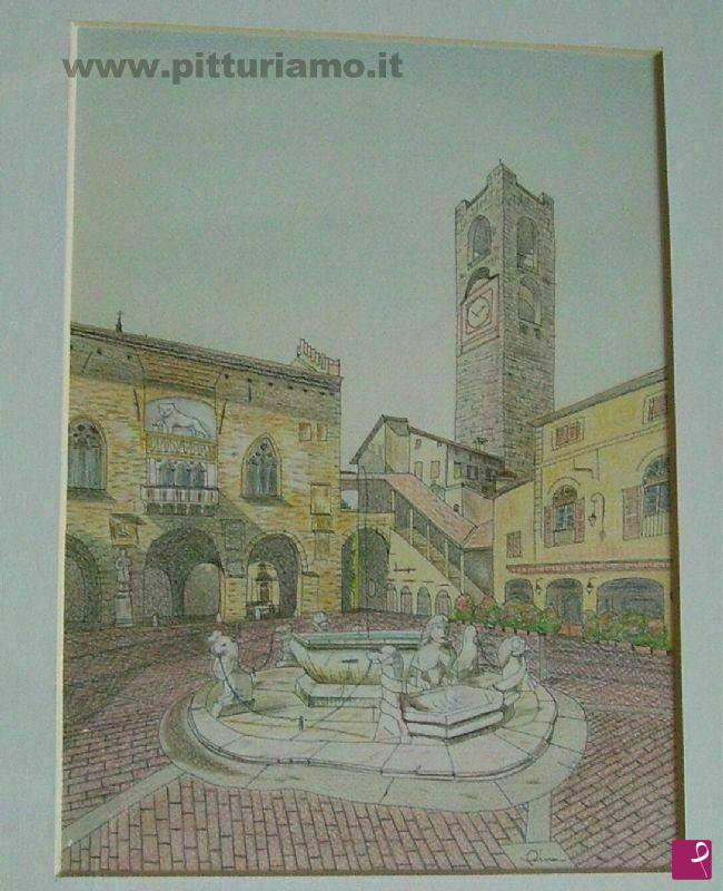 quadri in vendita online - Bergamo - Città Alta - Veduta di Piazza Vecchia e della fontana Contarini