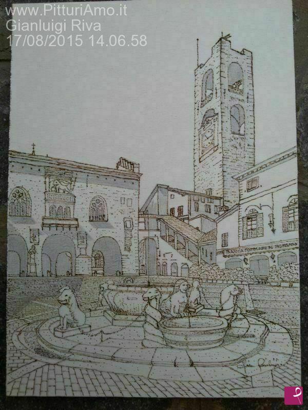 quadri in vendita online - Bergamo - Veduta di Piazza Vecchia e della Fontana Contarini (pirografia)