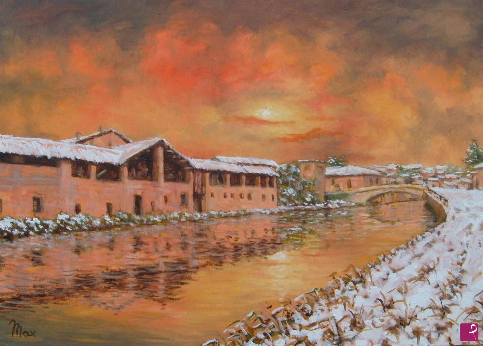 quadri in vendita online - BERNATE : TRAMONTO CON NEVE
