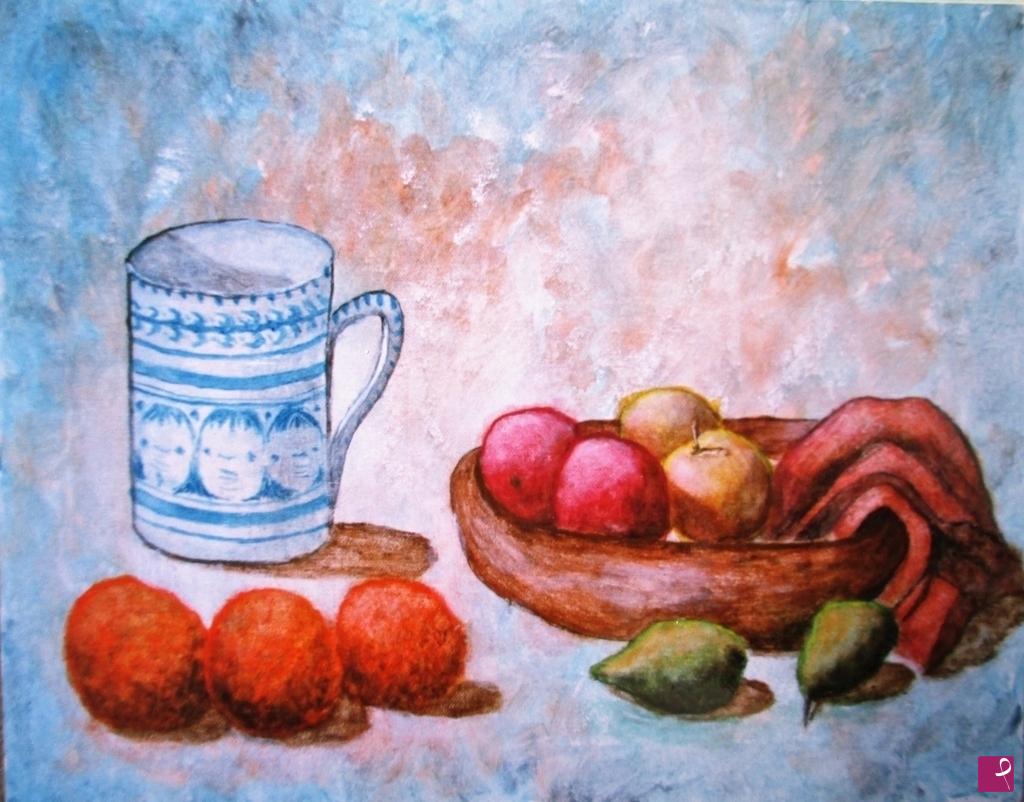 quadri in vendita online - Bicchiere ceramica blu e frutta  anno 1999  700€ venduto