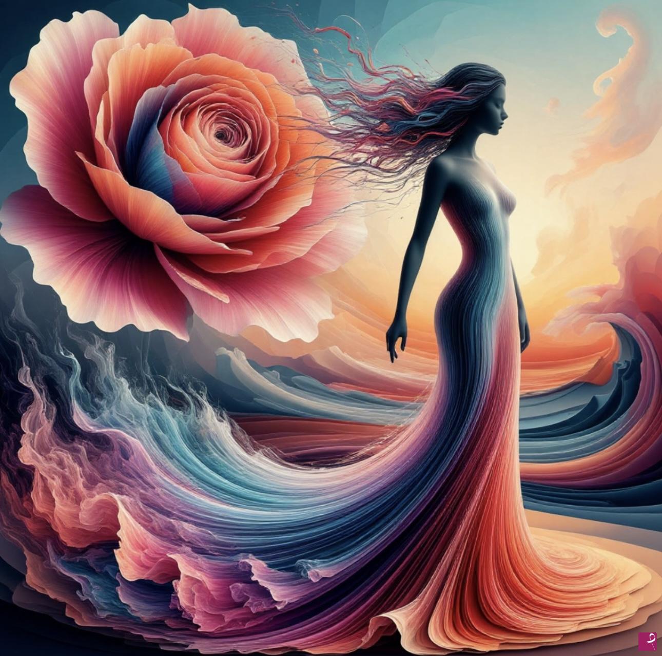 quadri in vendita online - Big flower and girl in colour dress 