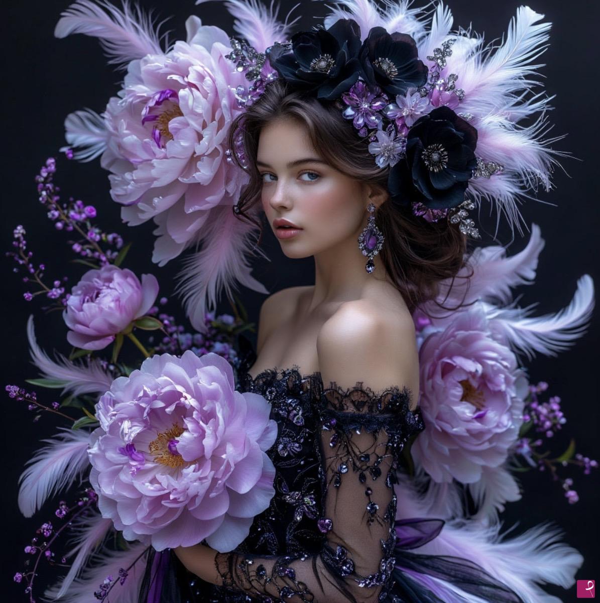 quadri in vendita online - Big flowers and girl 