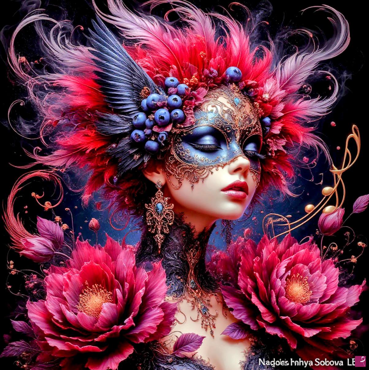 quadri in vendita online - Big flowers, mask , girl