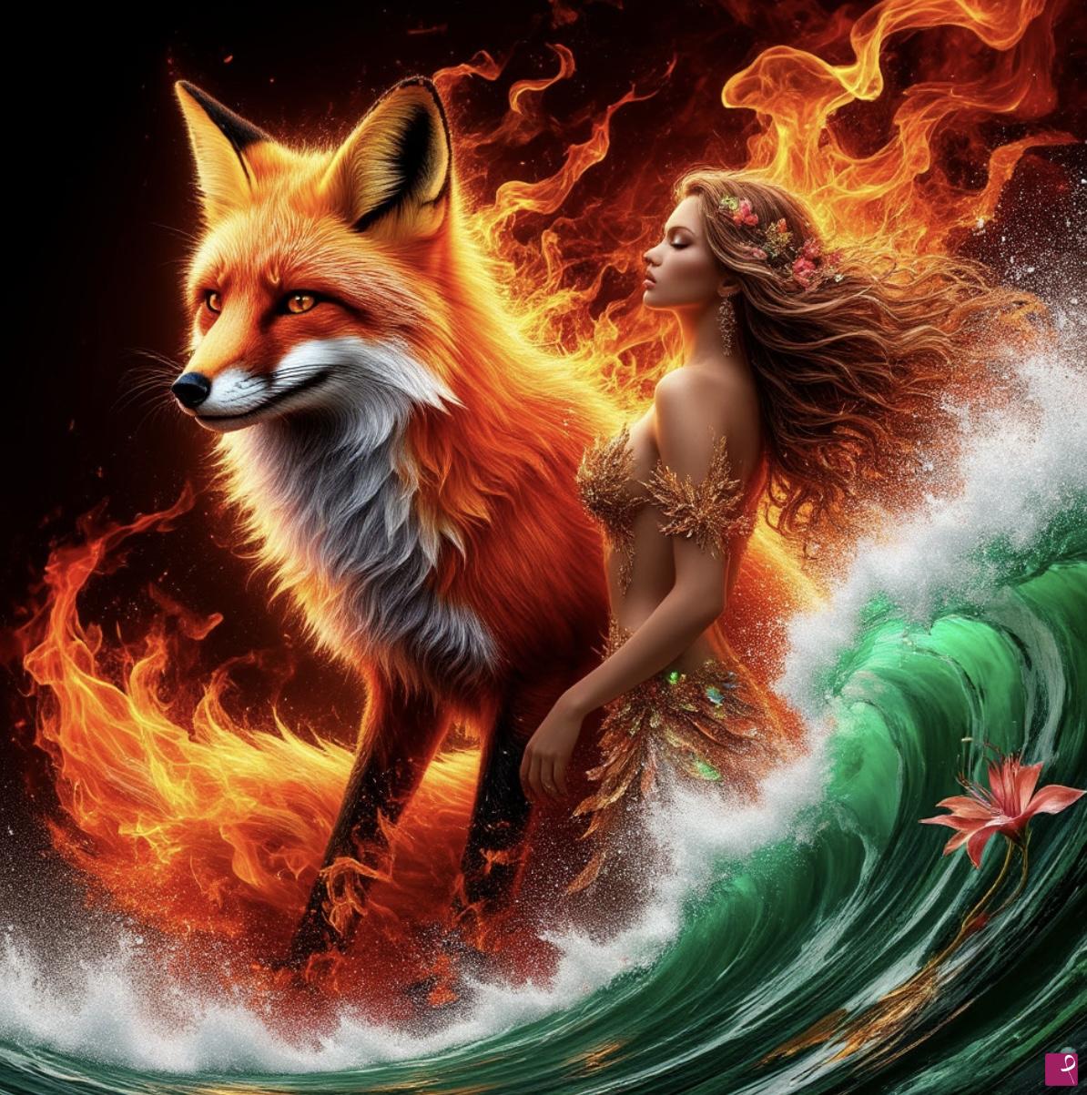 quadri in vendita online - Big Fox, fire and girl 