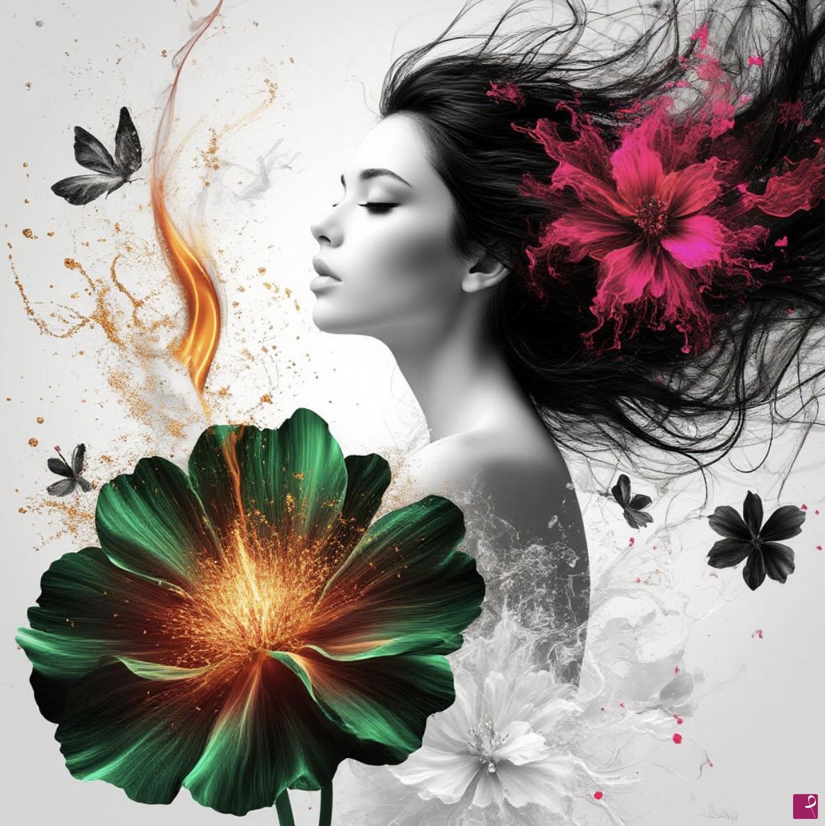 quadri in vendita online - Big green flower, girl 