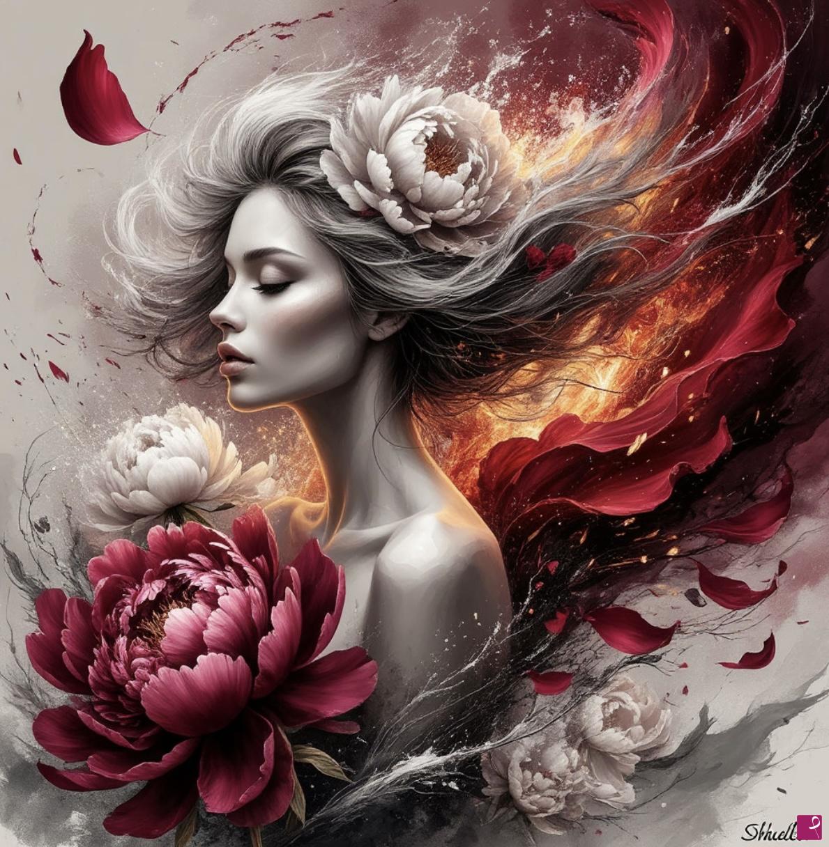 quadri in vendita online - Big peonies, fire, girl 