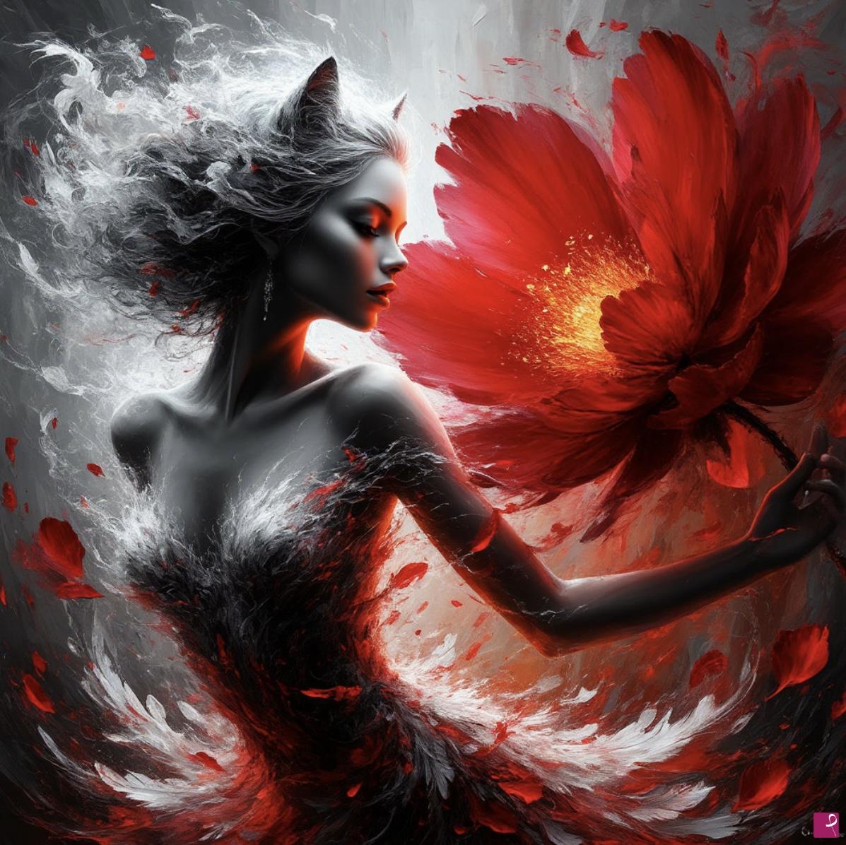 quadri in vendita online - Big rad flower and girl-cat