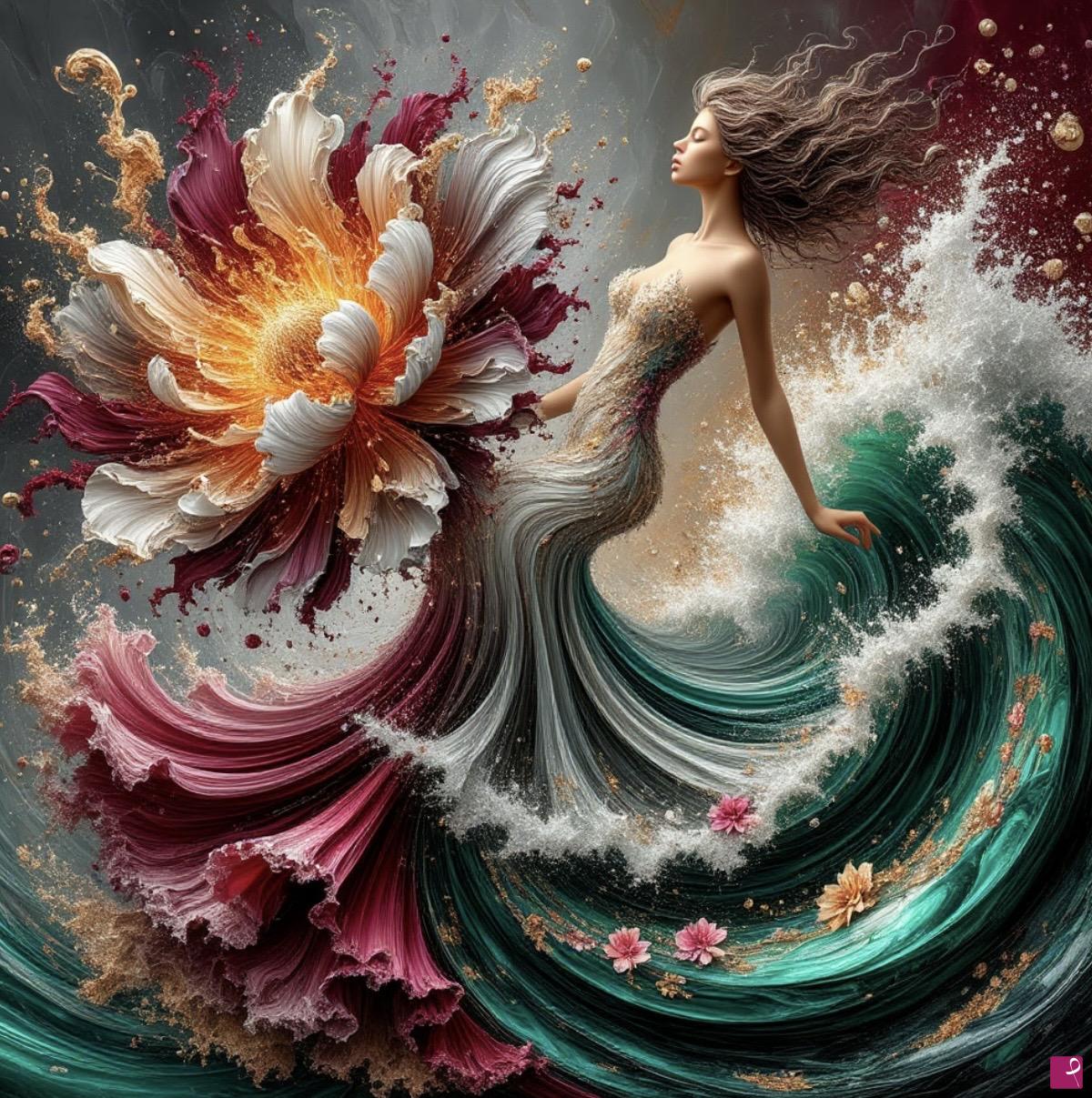quadri in vendita online - Biggest flower and sea waves, girl 