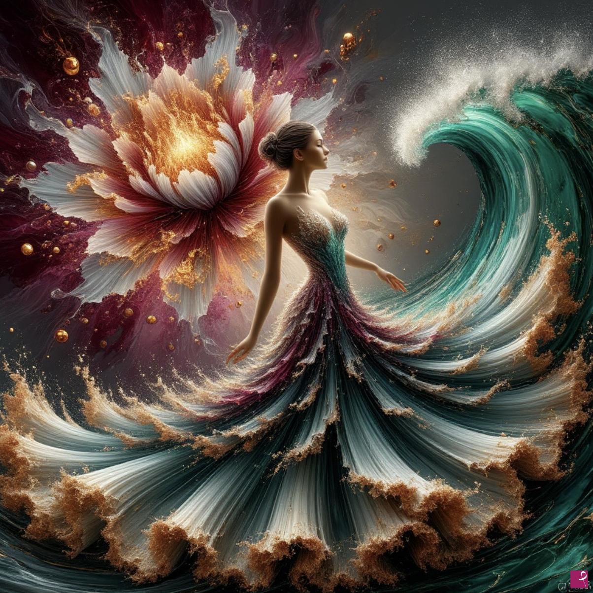 quadri in vendita online - Biggest flower and woman in sea waves 