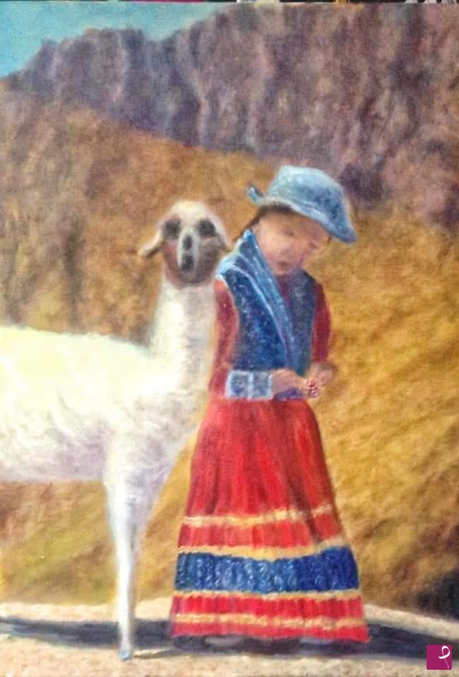 quadri in vendita online - Bimba con lama in pausa sulle Ande - olio su tela 50x70 cm. Luca Gualandris - rif. RIF. LG-108-PE/OT50X70-V - Anno 2020