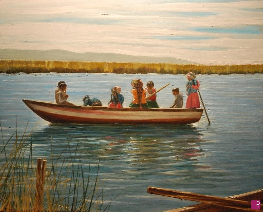 quadri in vendita online - bimbi in barca sul Titicaca