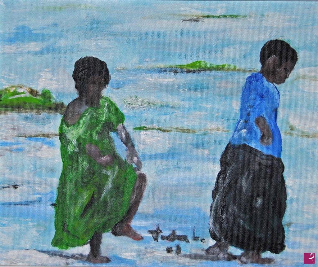 quadri in vendita online - bimbi in riva al mare in Kenia