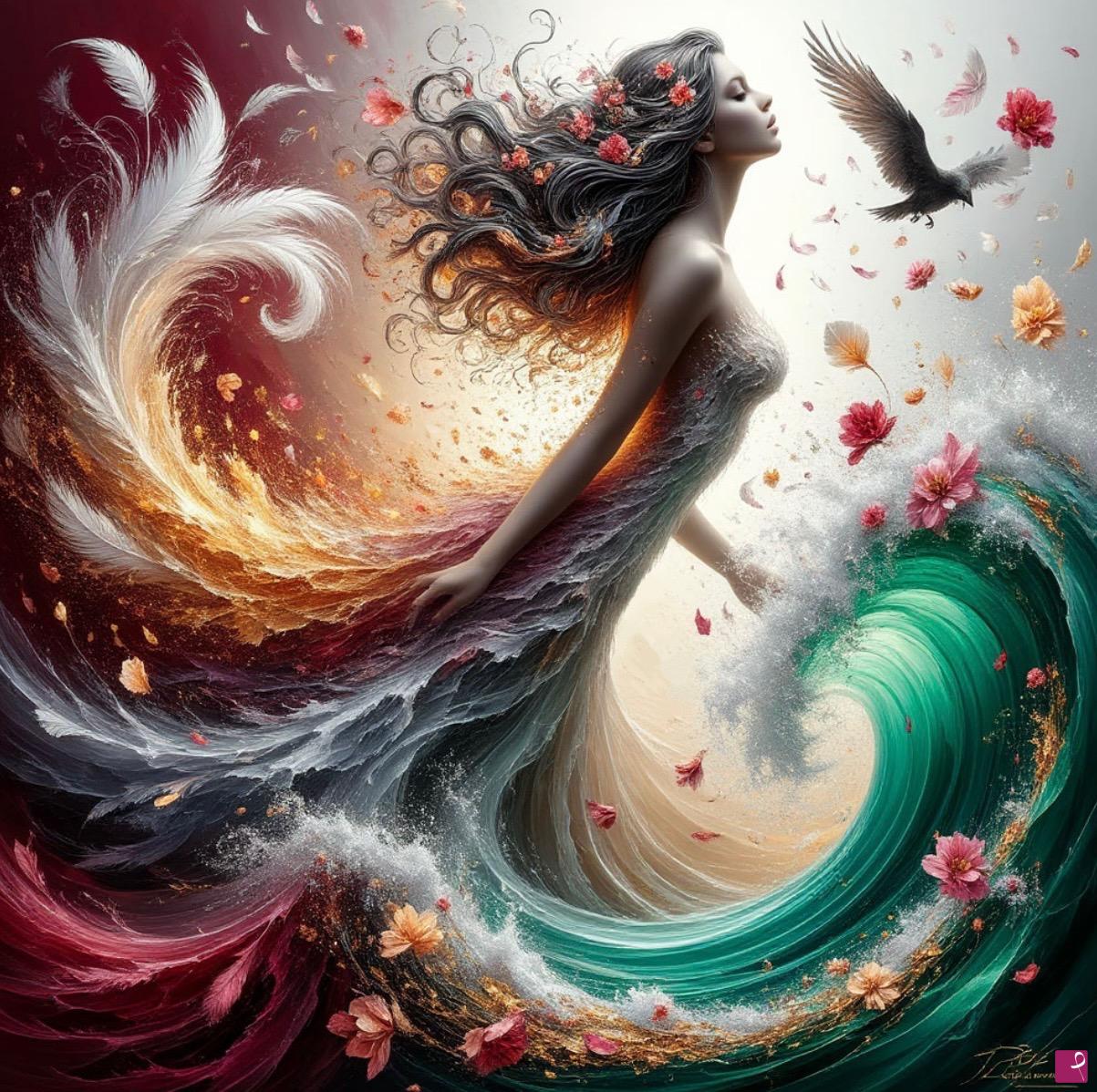 quadri in vendita online - Bird and flying beautiful girl on sea waves 